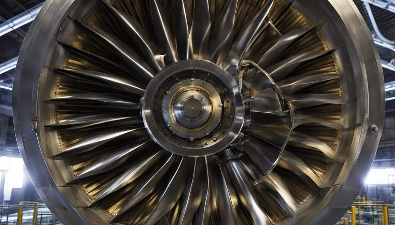 A Close Up View Of A Metallic Reaction Turbine With Blades Arranged In A Circular Pattern Along The Rotor Shaft A Close Up View Of A Metallic Reaction Turbine With Blades Arranged In A Circular Pattern Along The Rotor Shaft