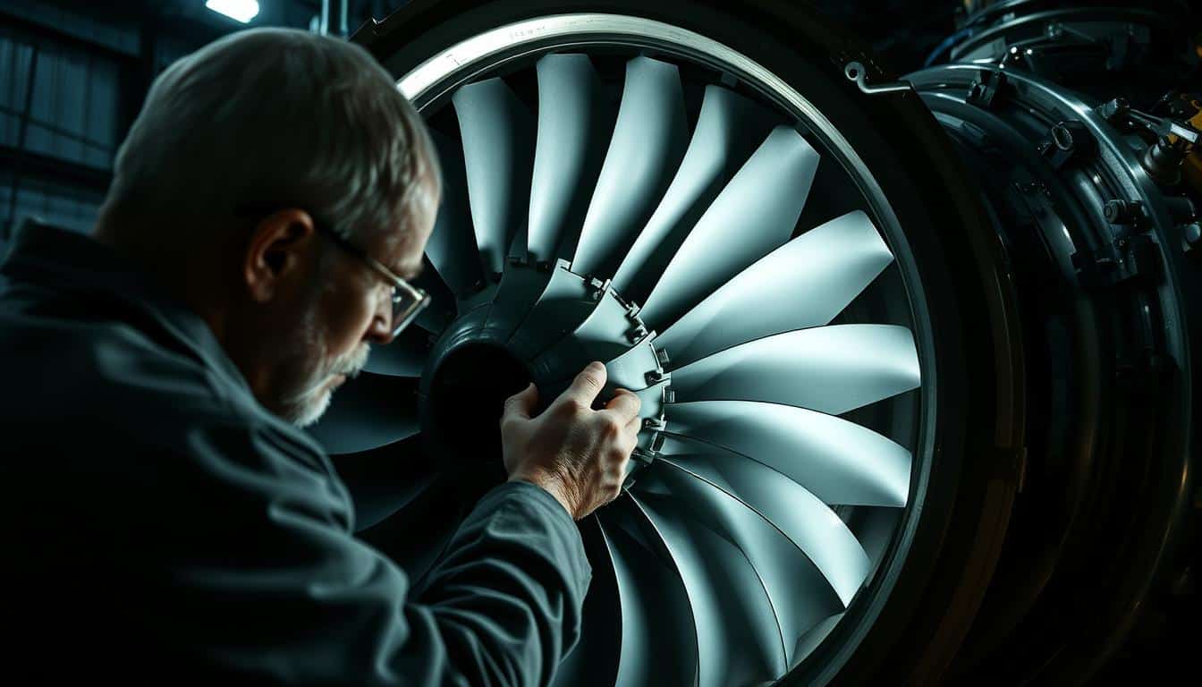 A Technician Closely Inspects The Intricate Blades Of A Gas Turbine Meticulously Examining Their Condition A Technician Closely Inspects The Intricate Blades Of A Gas Turbine Meticulously Examining Their Condition