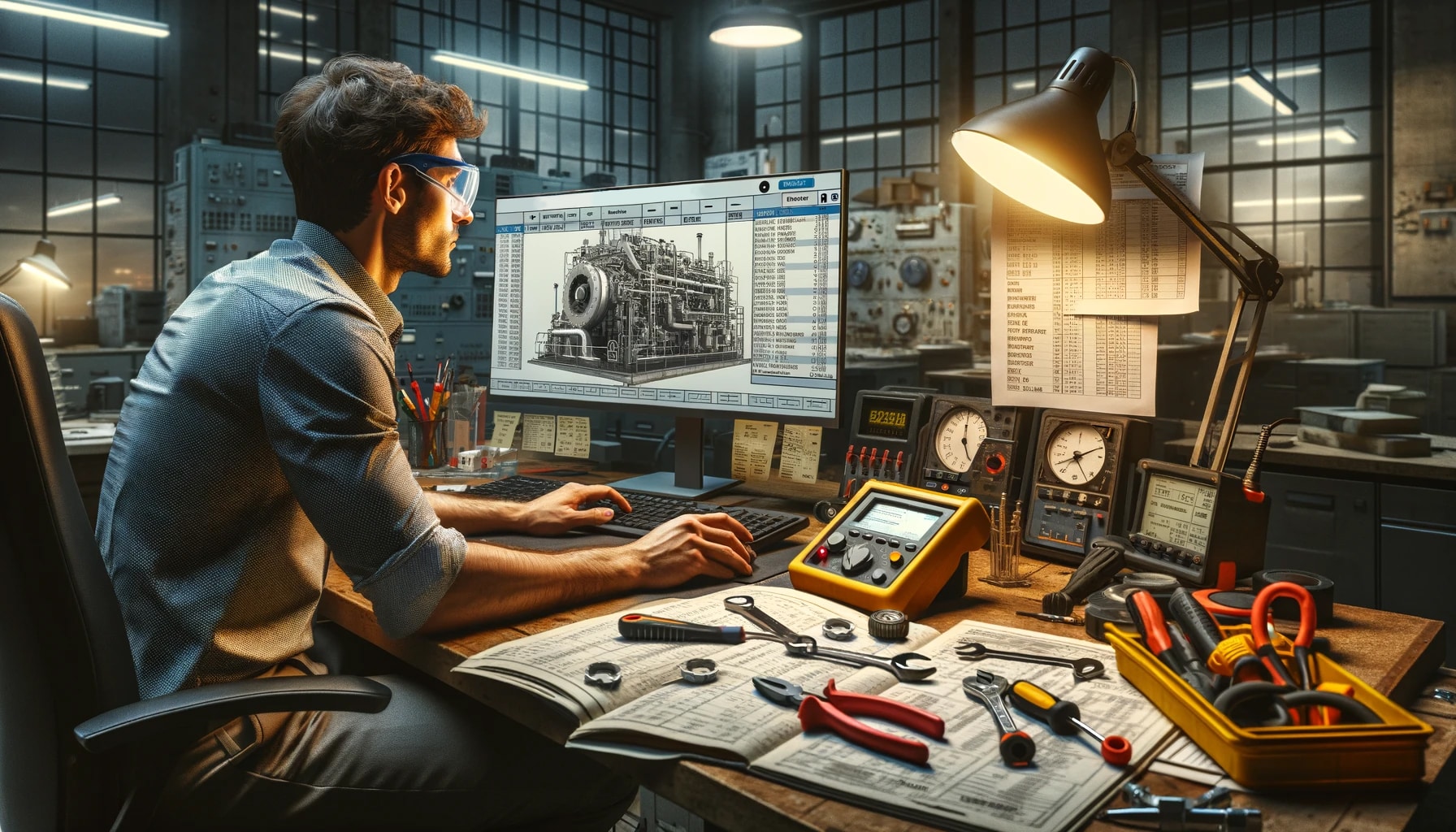 Steam Turbine Maintenance On The Computer a person using a computer to input data on steam turbine maintenance schedules, with various tools and manuals scattered around them.